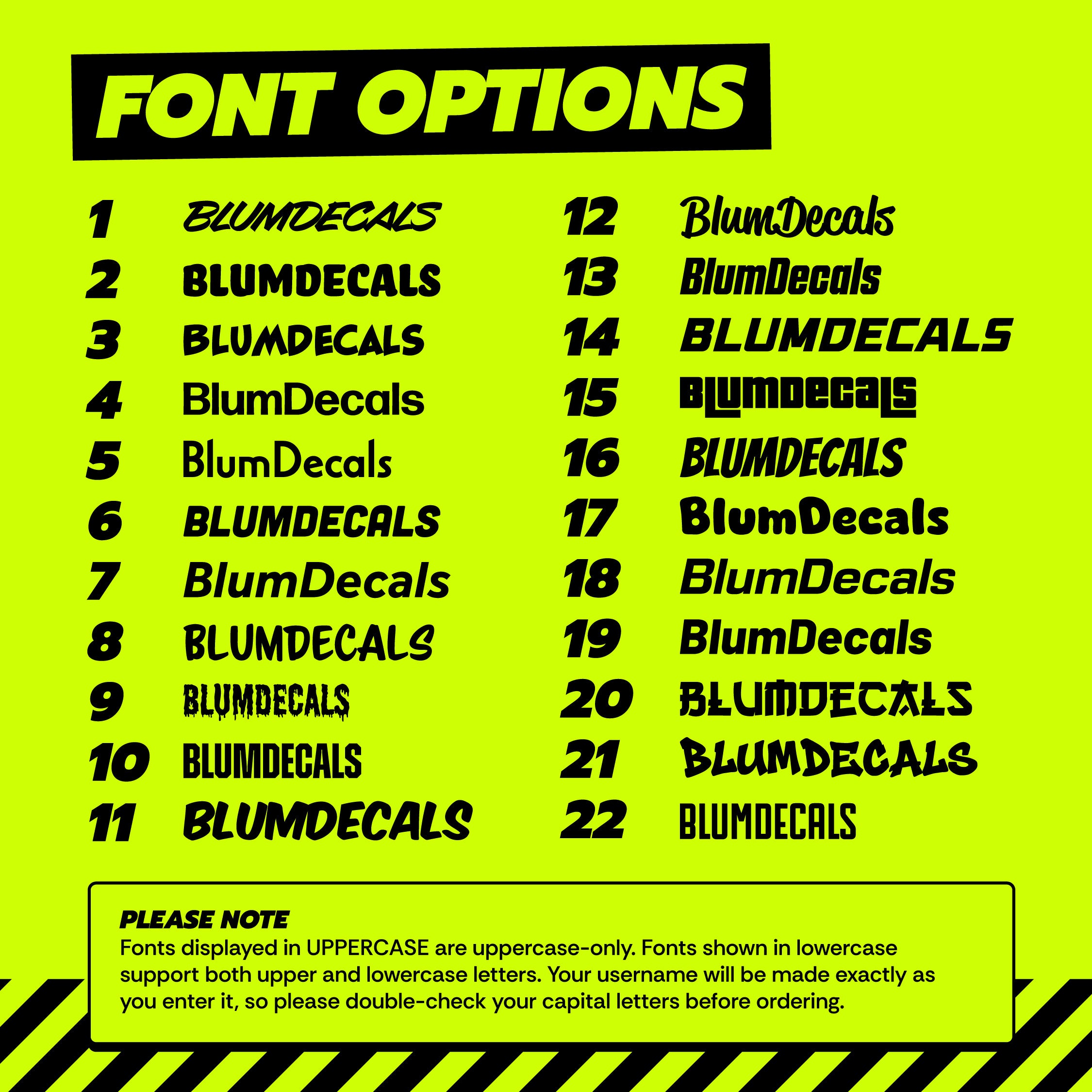 Blum Decals social media username sticker font options showing 22 font styles available for custom Instagram, TikTok and social tag decals.