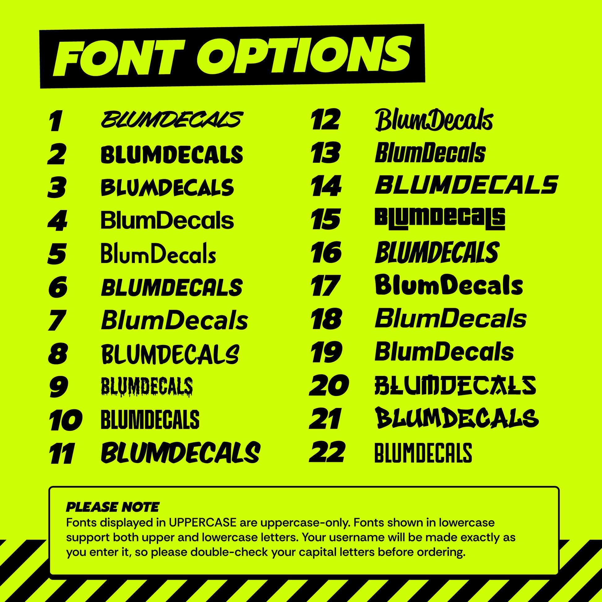 Blum Decals social media username sticker font options showing 22 font styles available for custom Instagram, TikTok and social tag decals.