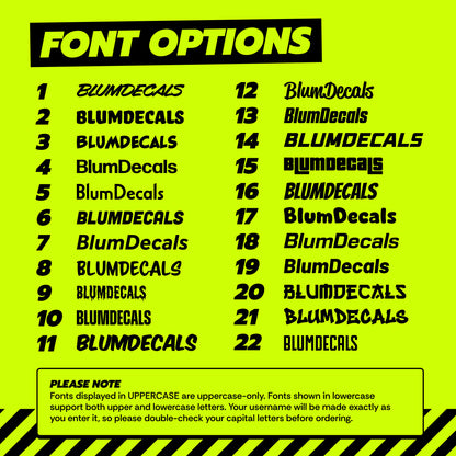 Blum Decals social media username sticker font options showing 22 font styles available for custom Instagram, TikTok and social tag decals.