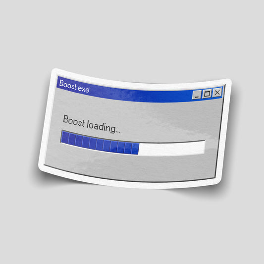 Retro computer window reading “Boost.exe” with a loading bar and the text “Boost loading…”, tech‑style funny car sticker for UK car enthusiasts.