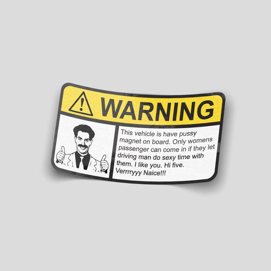 Yellow warning‑label style funny car sticker with a cartoon character and comedic text in a parody safety format, UK novelty decal.