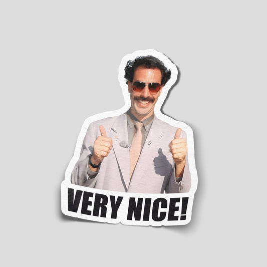 Funny car sticker showing a smiling character giving two thumbs up with the text “Very Nice!”, UK humour decal.