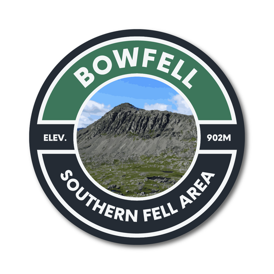 Round vinyl sticker with “Bowfell Southern Fell Area” text and mountain artwork of Bowfell (902m).