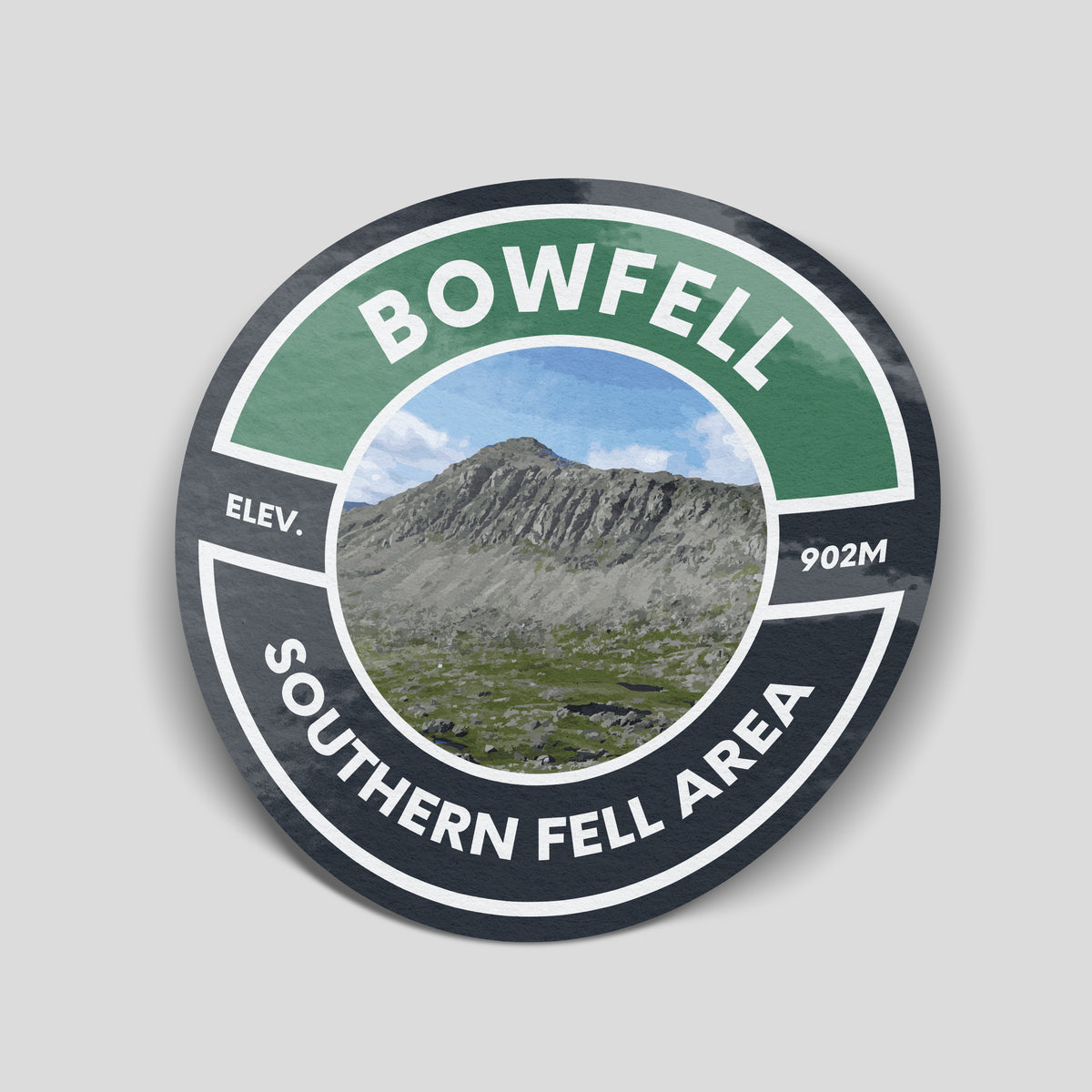 Green and charcoal Bowfell adventure sticker with a rocky mountain scene, 902m elevation and Southern Fell Area lettering.