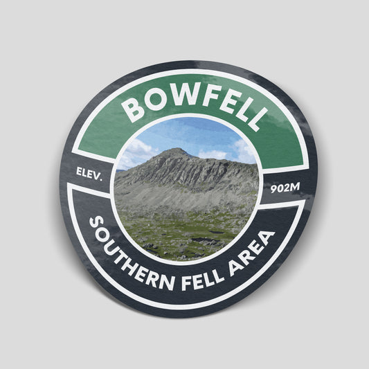 Green and charcoal Bowfell adventure sticker with a rocky mountain scene, 902m elevation and Southern Fell Area lettering.