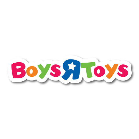 Funny “Boys R Toys” vinyl sticker in colourful parody design – ideal for cars, toolboxes or laptops.