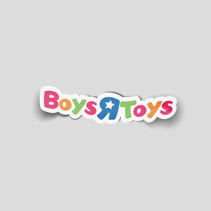 Colourful “Boys R Toys” funny car sticker in playful toy‑style lettering, novelty UK decal.