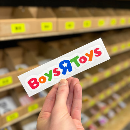 Colourful parody toy store logo “Boys R Toys” funny vinyl sticker.