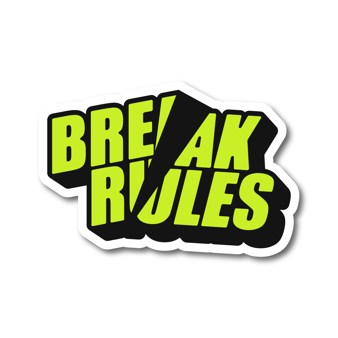 Bold neon green Break Rules funny vinyl car sticker with cracked text design