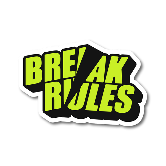Bold neon green Break Rules funny vinyl car sticker with cracked text design