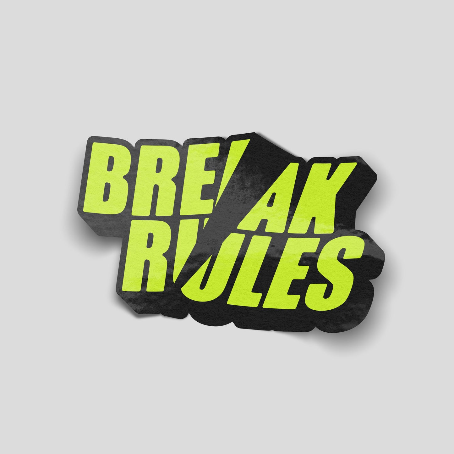 Neon yellow “Break Rules” funny car sticker with a cracked text effect, bold UK motoring humour decal.