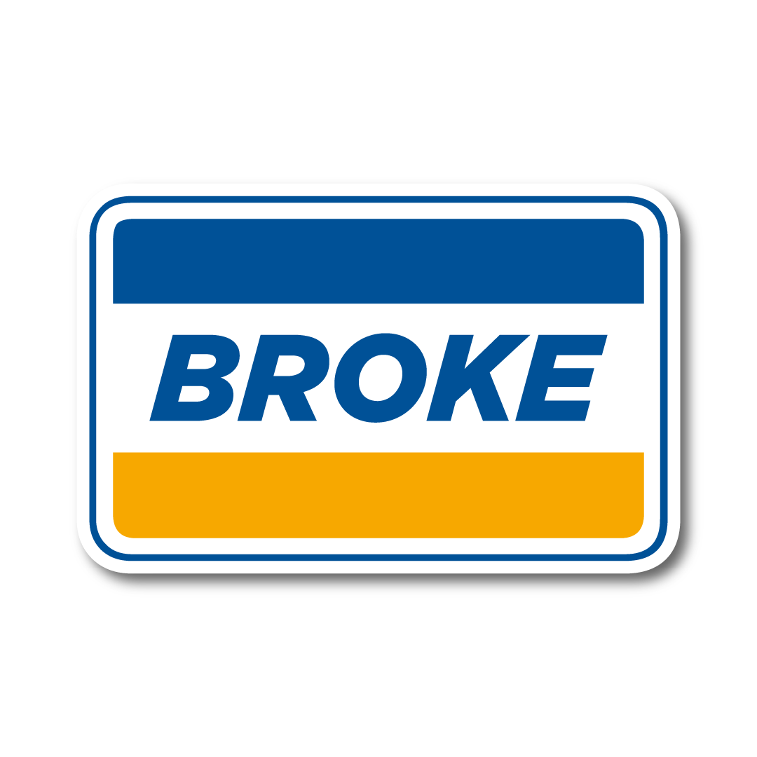 Funny vinyl car sticker parodying a credit card logo with the word “Broke”