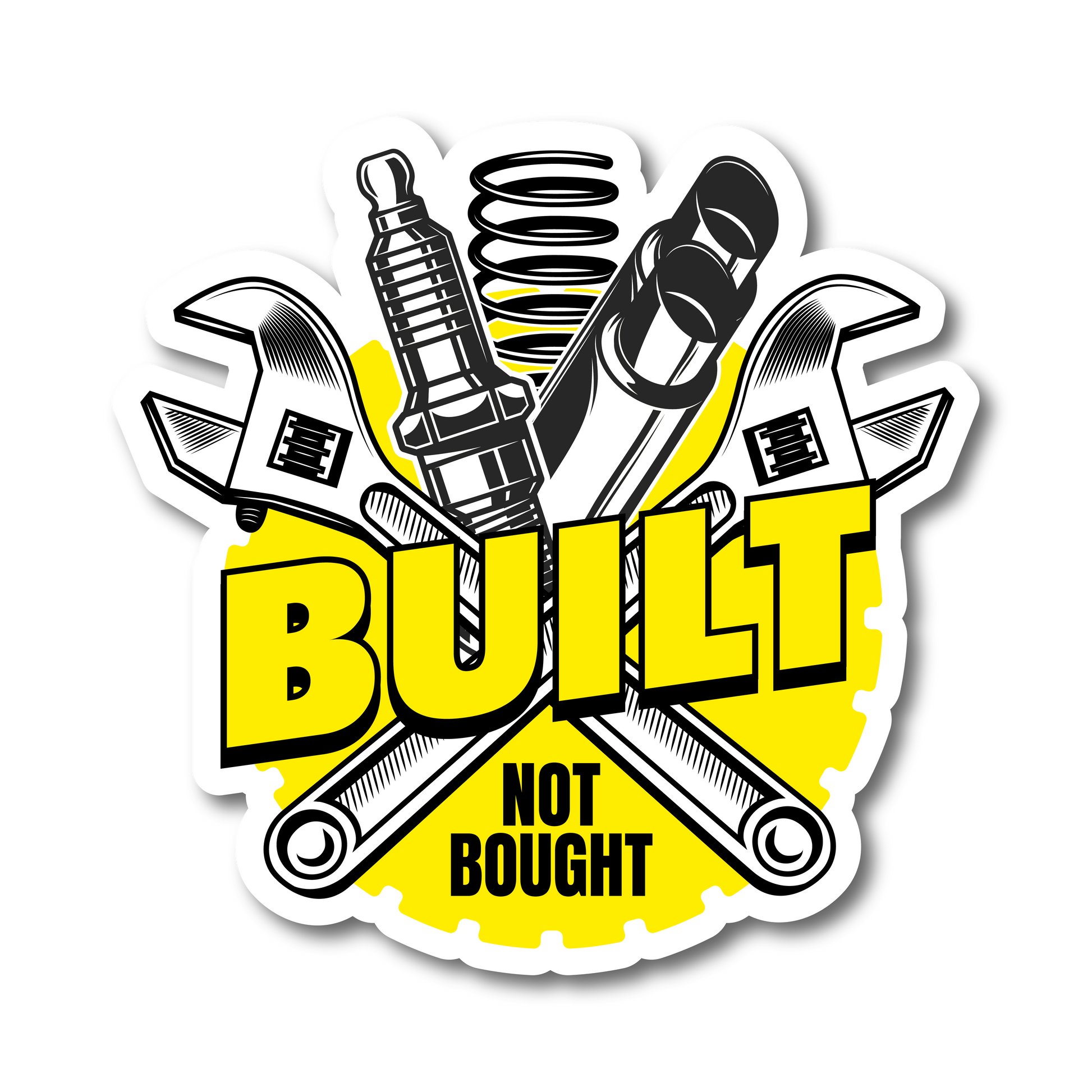 Built Not Bought mechanic tools funny vinyl car sticker in yellow and black