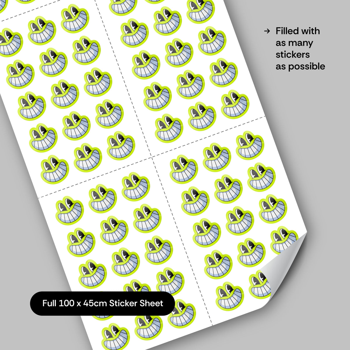 Bulk custom sticker sheet filled with repeated custom vinyl stickers on a 100 x 45cm sheet, contour cut and ready to trim into smaller sections.