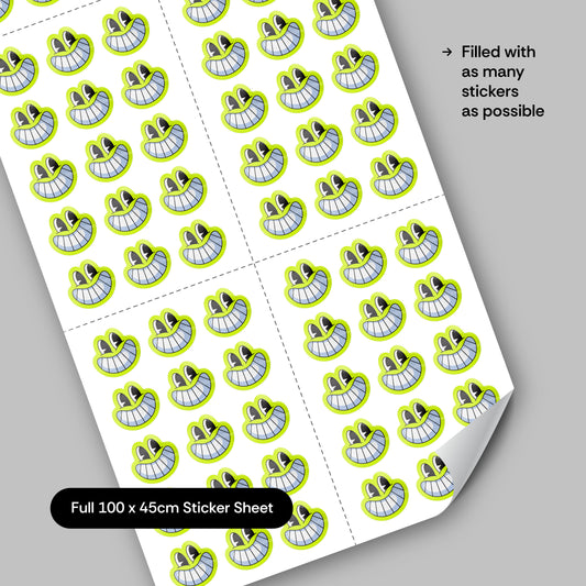 Bulk custom sticker sheet filled with repeated custom vinyl stickers on a 100 x 45cm sheet, contour cut and ready to trim into smaller sections.