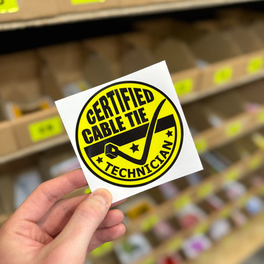 Funny trades sticker reading “certified cable tie technician” with tool graphic