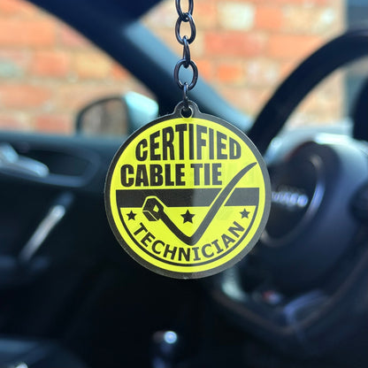 Funny “Certified cable tie technician” keychain, bold novelty design for mechanics, electricians and car enthusiasts, durable acrylic keyring UK