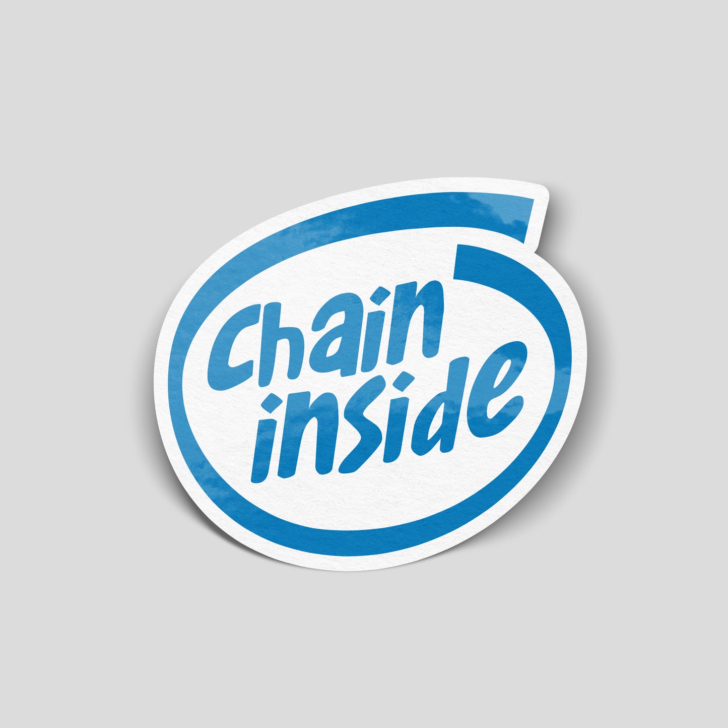 Blue “Chain Inside” funny car sticker styled like a tech badge, novelty UK motoring decal.