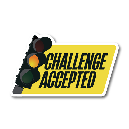 Funny yellow vinyl sticker with a traffic light and bold “Challenge Accepted” text – ideal for fast drivers and car enthusiasts.