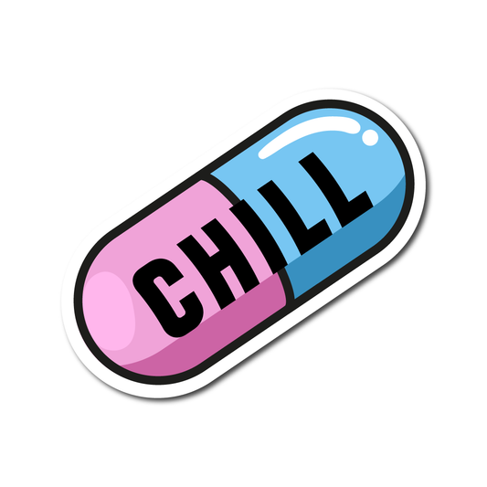 Pink and blue pill-shaped sticker with the word “CHILL” – funny waterproof vinyl decal for cars, laptops or daily reminders.