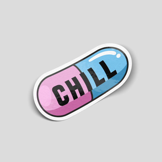 Pink and blue capsule-shaped funny car sticker with the word “Chill”, simple UK novelty decal.