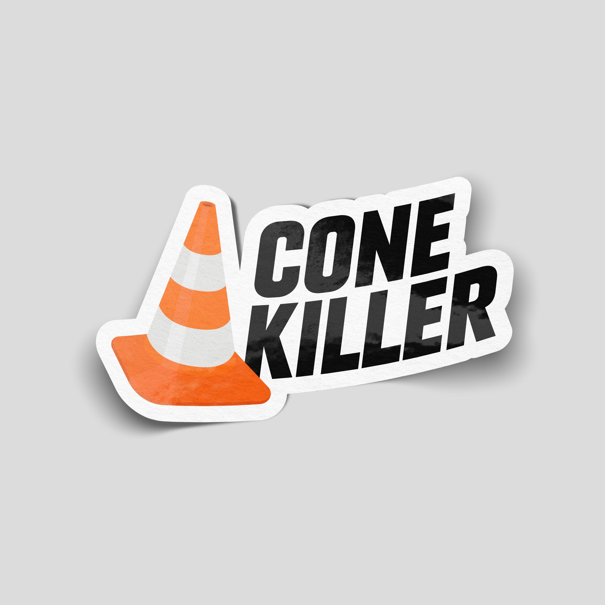 Orange and white traffic cone next to bold “Cone Killer” text on a white background, humorous funny car sticker for UK drivers.