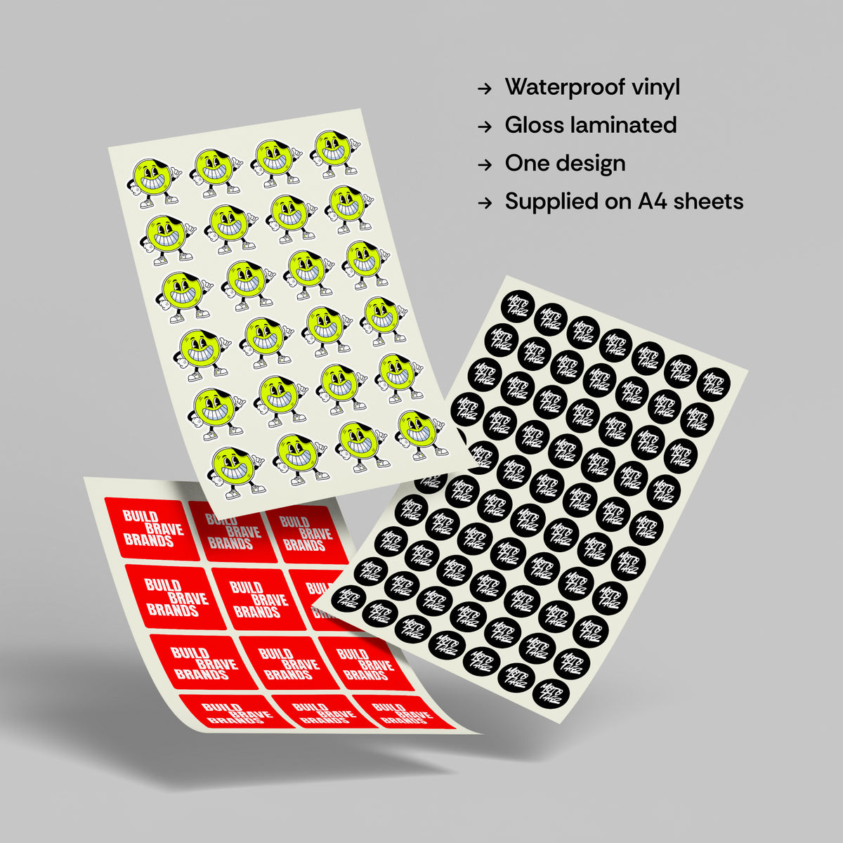 Custom vinyl sticker sheets supplied in smaller sections, showing waterproof gloss laminated stickers printed and contour cut from one uploaded design.