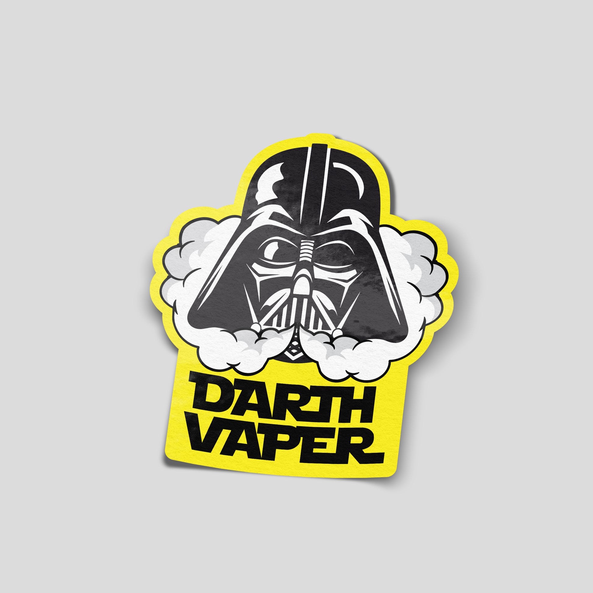 Yellow funny car sticker parodying a masked sci‑fi villain with vape clouds and the text “Darth Vaper”, UK novelty decal.
