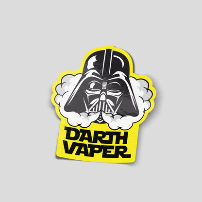 Yellow funny car sticker parodying a masked sci‑fi villain with vape clouds and the text “Darth Vaper”, UK novelty decal.