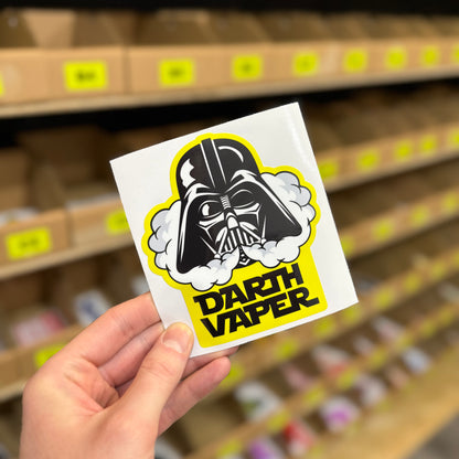 Sci-fi villain parody “Darth Vaper” funny vinyl sticker with helmet illustration.