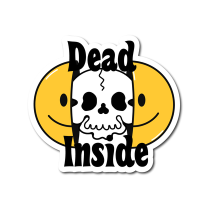 Funny vinyl sticker showing a yellow smiley face peeled back to reveal a cartoon skull with the words “Dead Inside” – dark humour decal.