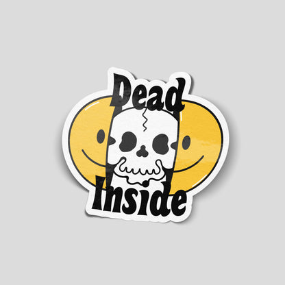 Funny car sticker featuring a skull behind two yellow smiley faces with the text “Dead Inside”, UK dark humour decal.