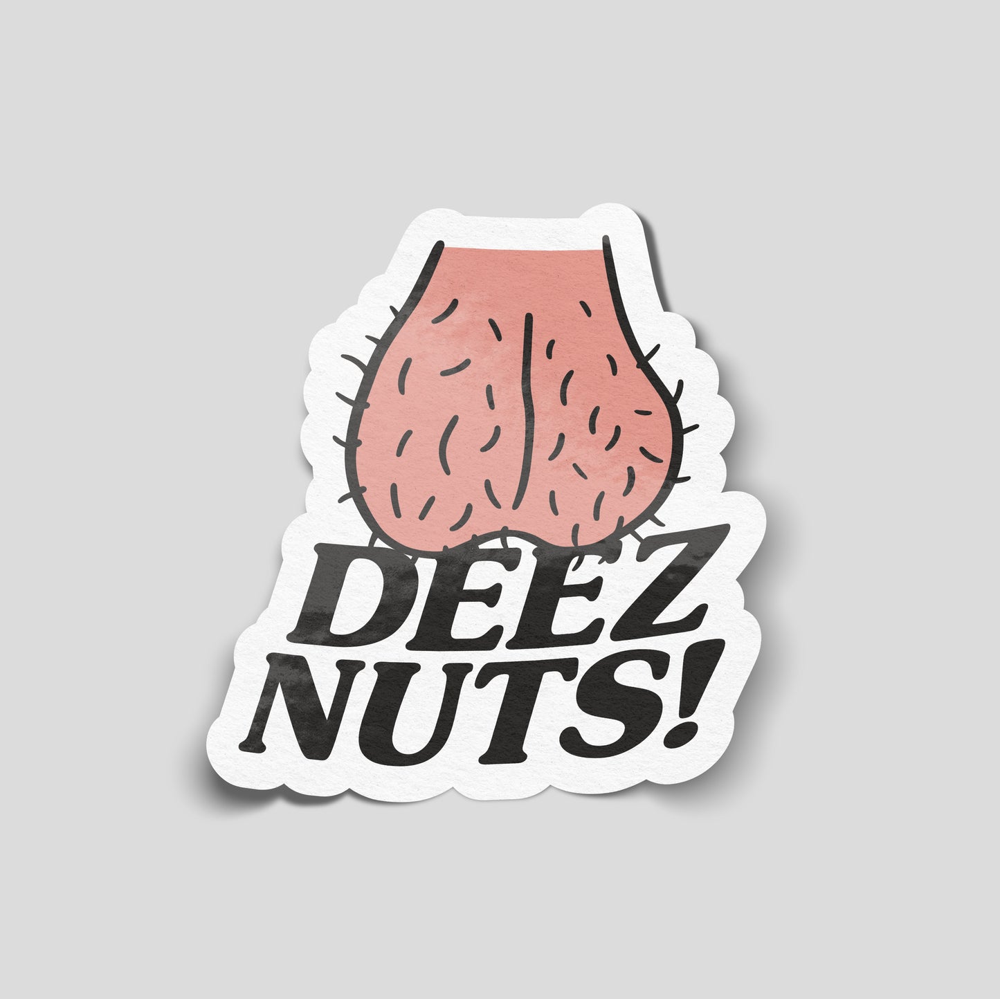 Funny deez nuts vinyl sticker with bold cartoon design, novelty cheeky decal for cars, vans, toolboxes and laptops.