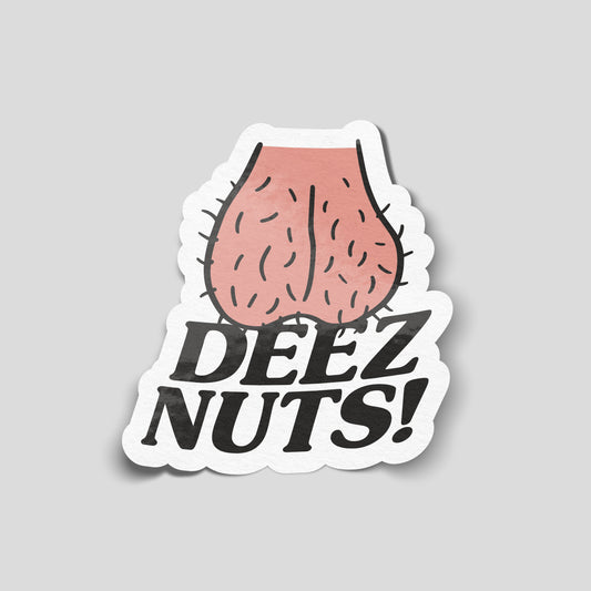 Funny deez nuts vinyl sticker with bold cartoon design, novelty cheeky decal for cars, vans, toolboxes and laptops.