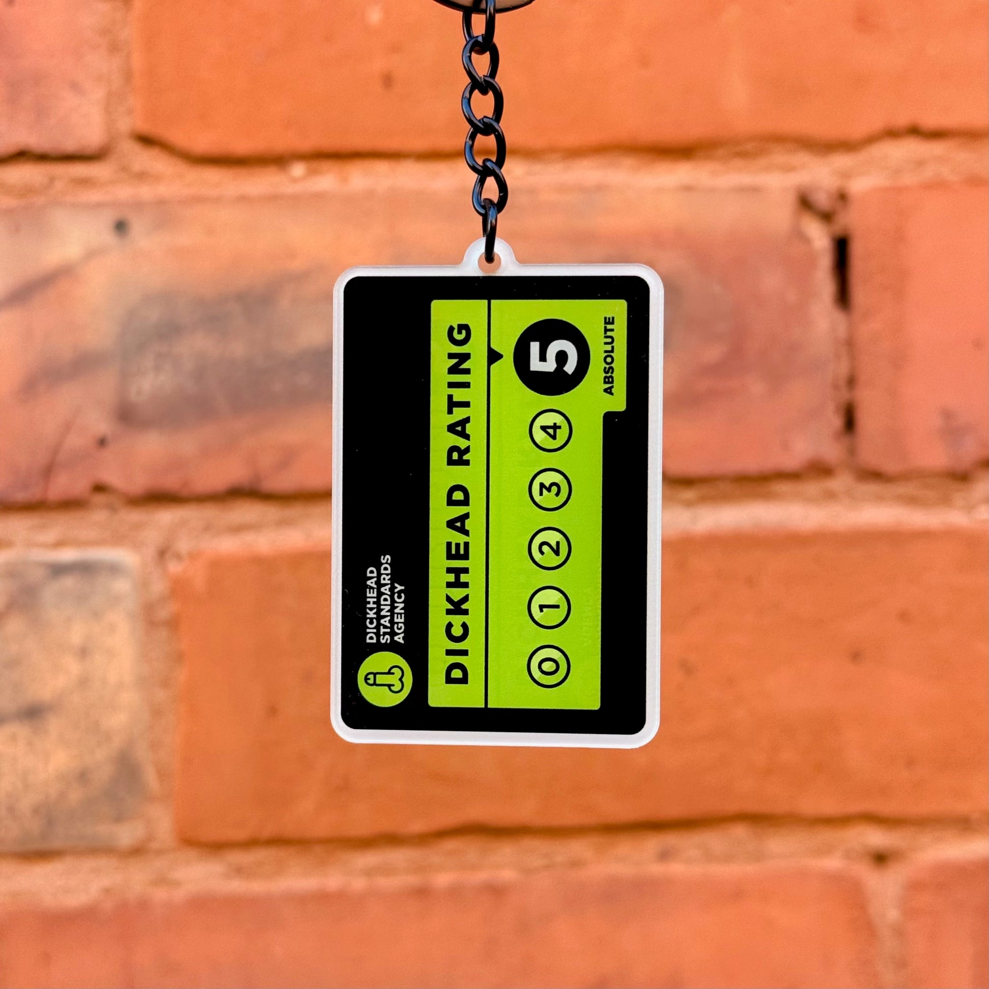 Dickhead Rating funny acrylic keychain with double-sided print and gloss black chain