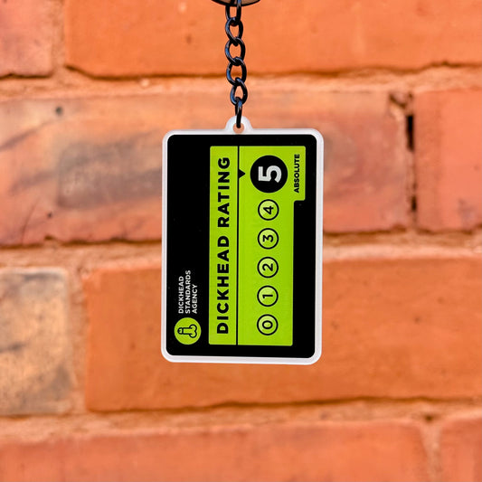 Dickhead Rating funny acrylic keychain with double-sided print and gloss black chain