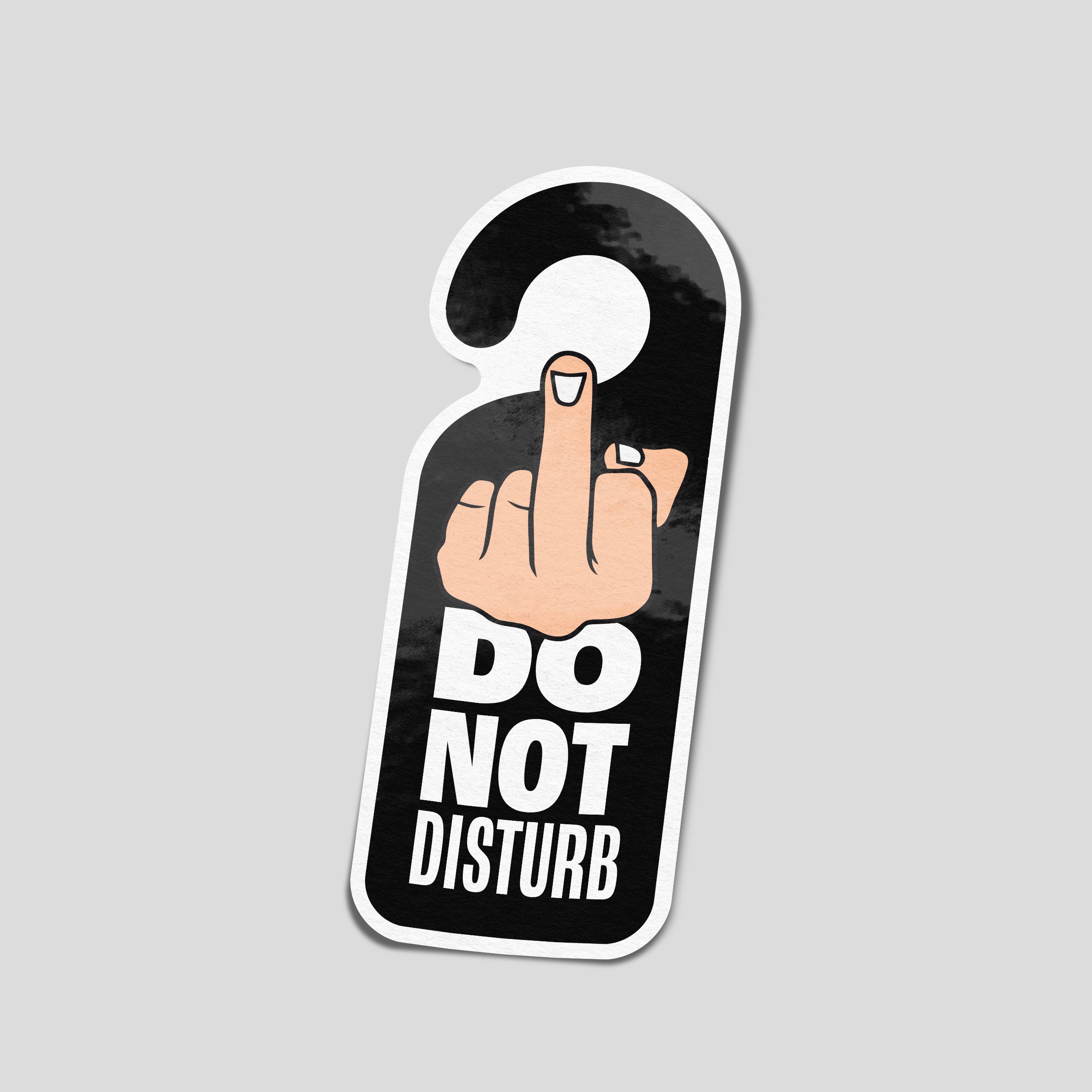 Black door-hanger-shaped vinyl sticker with a raised middle finger illustration and bold white “Do Not Disturb” lettering.