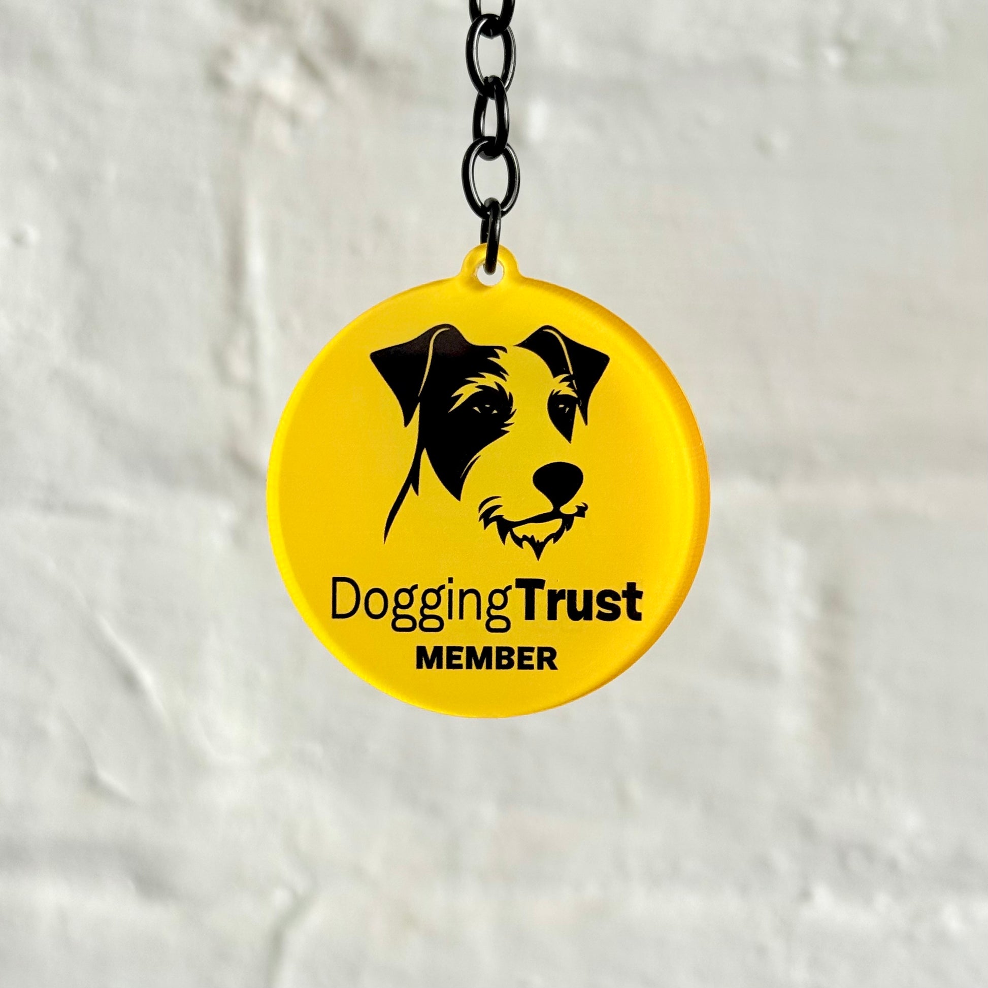 Funny “Dogging Trust Member” acrylic keychain with parody dog logo design, glossy finish and black chain, cheeky novelty car keyring gift.