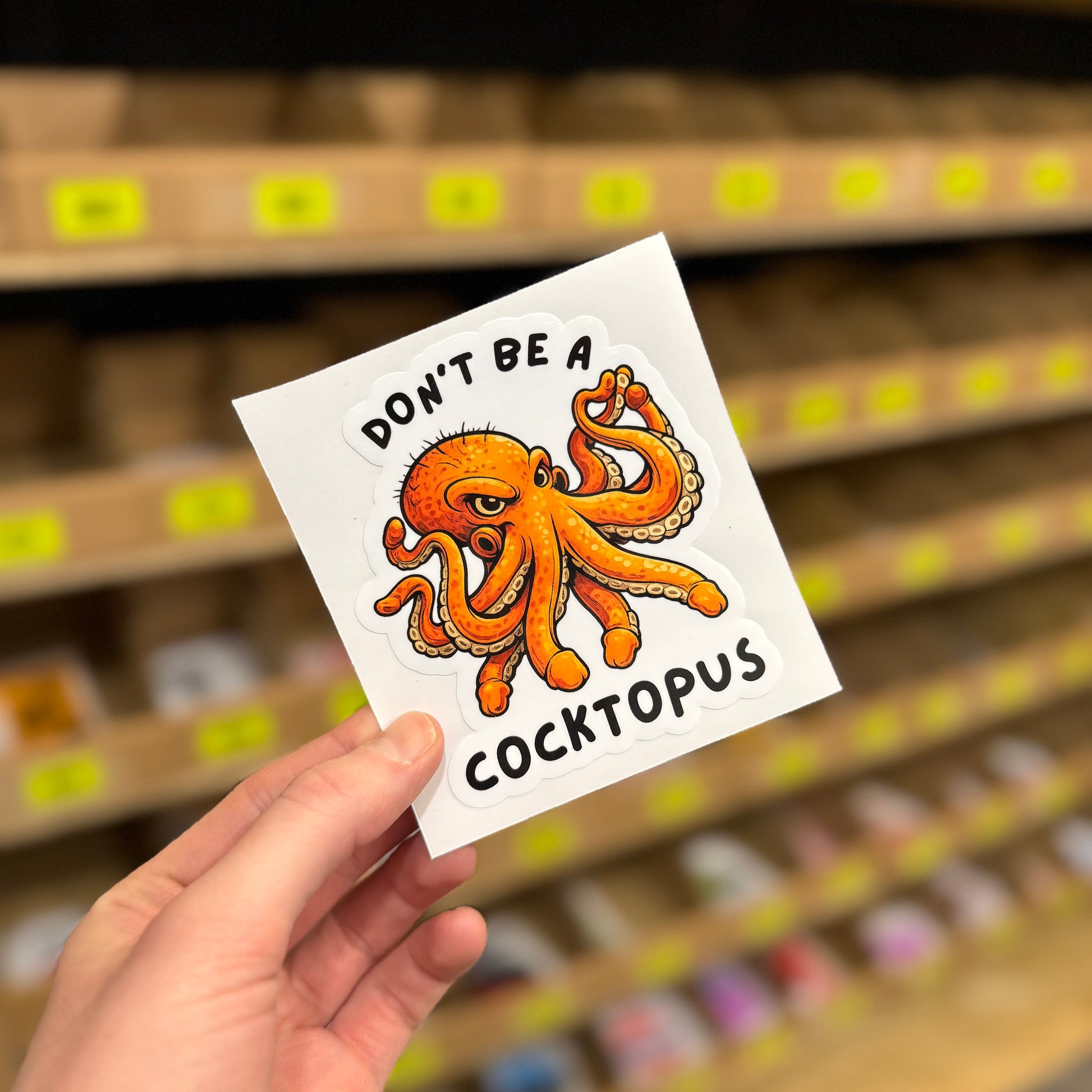Funny rude octopus sticker reading “don’t be a cocktopus” cartoon illustration