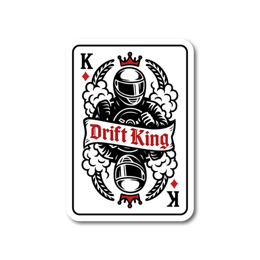Funny vinyl sticker styled like a playing card with a racing driver and “Drift King” banner – perfect for drift fans and JDM builds.