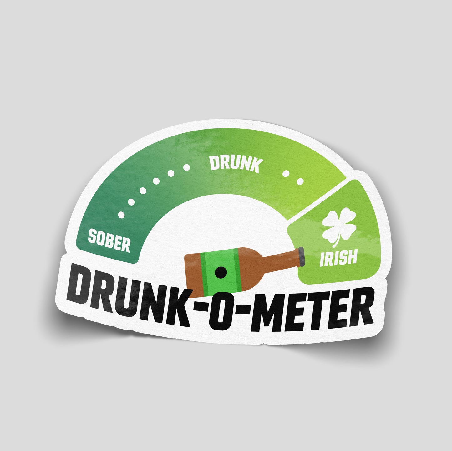 Green gradient funny car sticker designed like a gauge reading sober to drunk to Irish, labelled “Drunk‑O‑Meter”, UK novelty car decal.