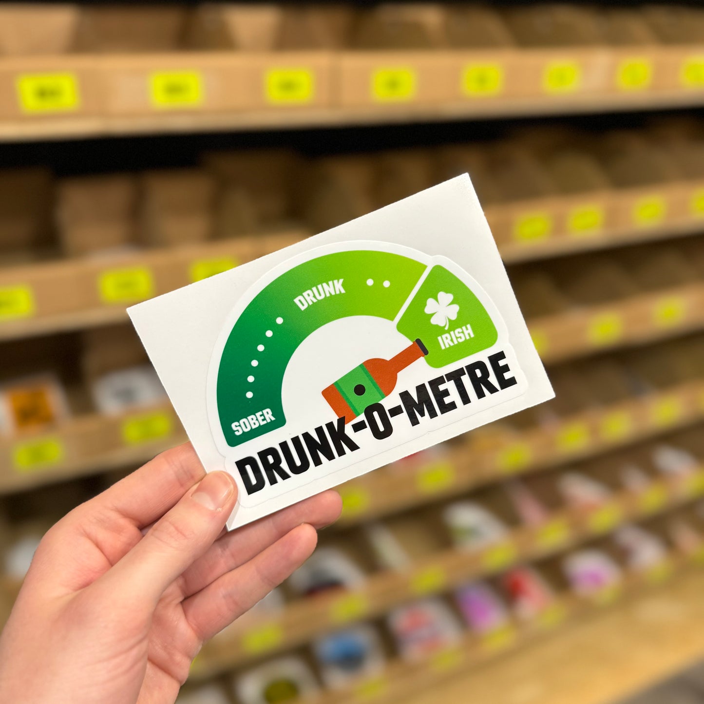 Funny drinking sticker showing drunk o meter gauge from sober to Irish