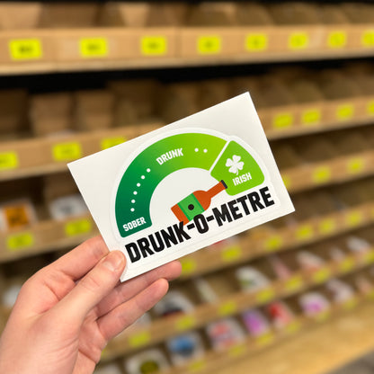 Funny drinking sticker showing drunk o meter gauge from sober to Irish