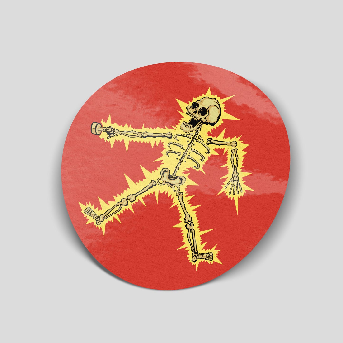Funny electric shock vinyl sticker featuring cartoon skeleton being electrocuted on red background, novelty car sticker for vans, toolboxes and garages.