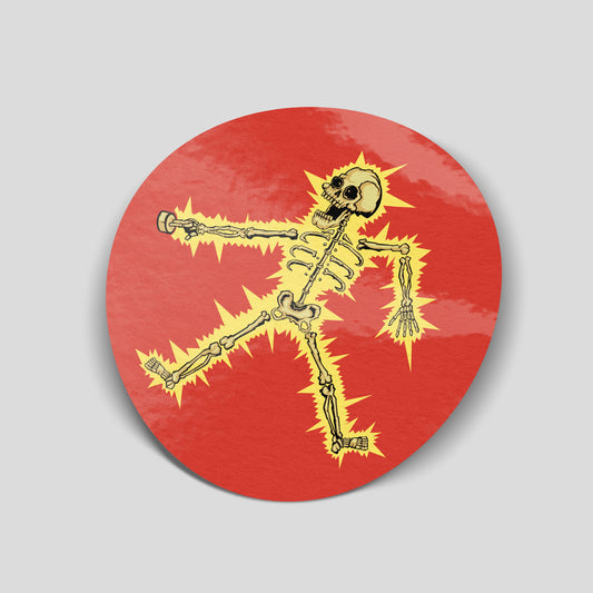 Funny electric shock vinyl sticker featuring cartoon skeleton being electrocuted on red background, novelty car sticker for vans, toolboxes and garages.