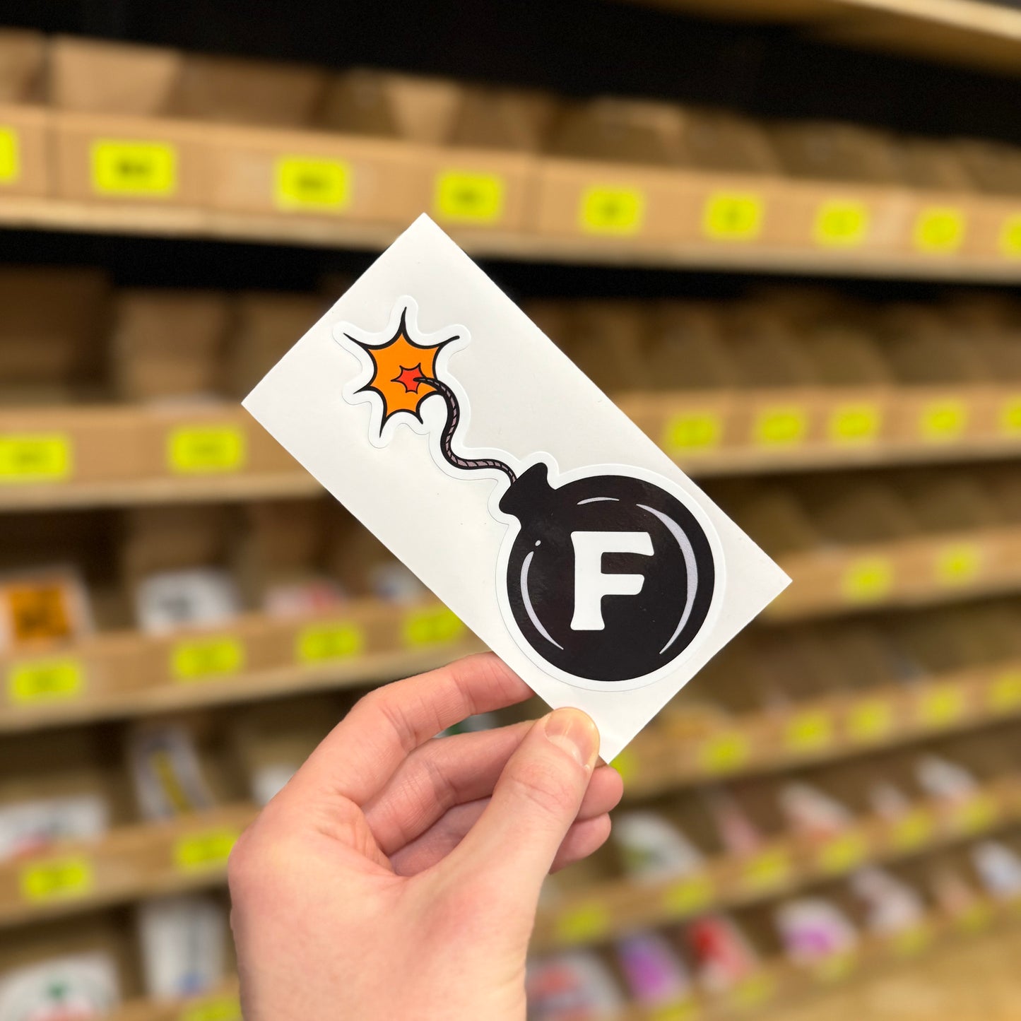 Funny cartoon bomb sticker with letter F and lit fuse novelty vinyl