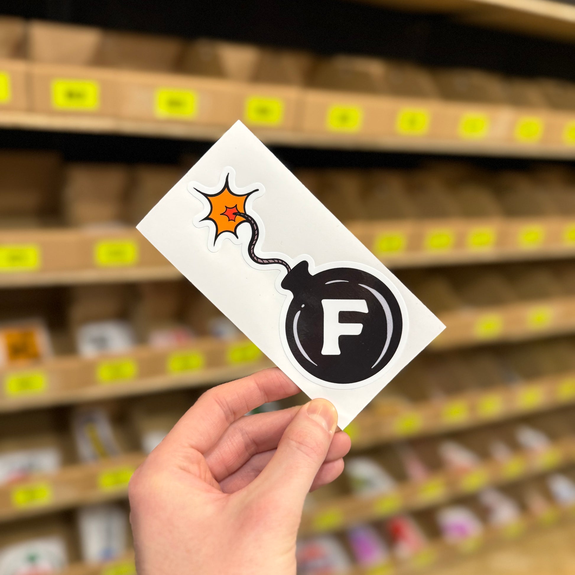 Funny cartoon bomb sticker with letter F and lit fuse novelty vinyl
