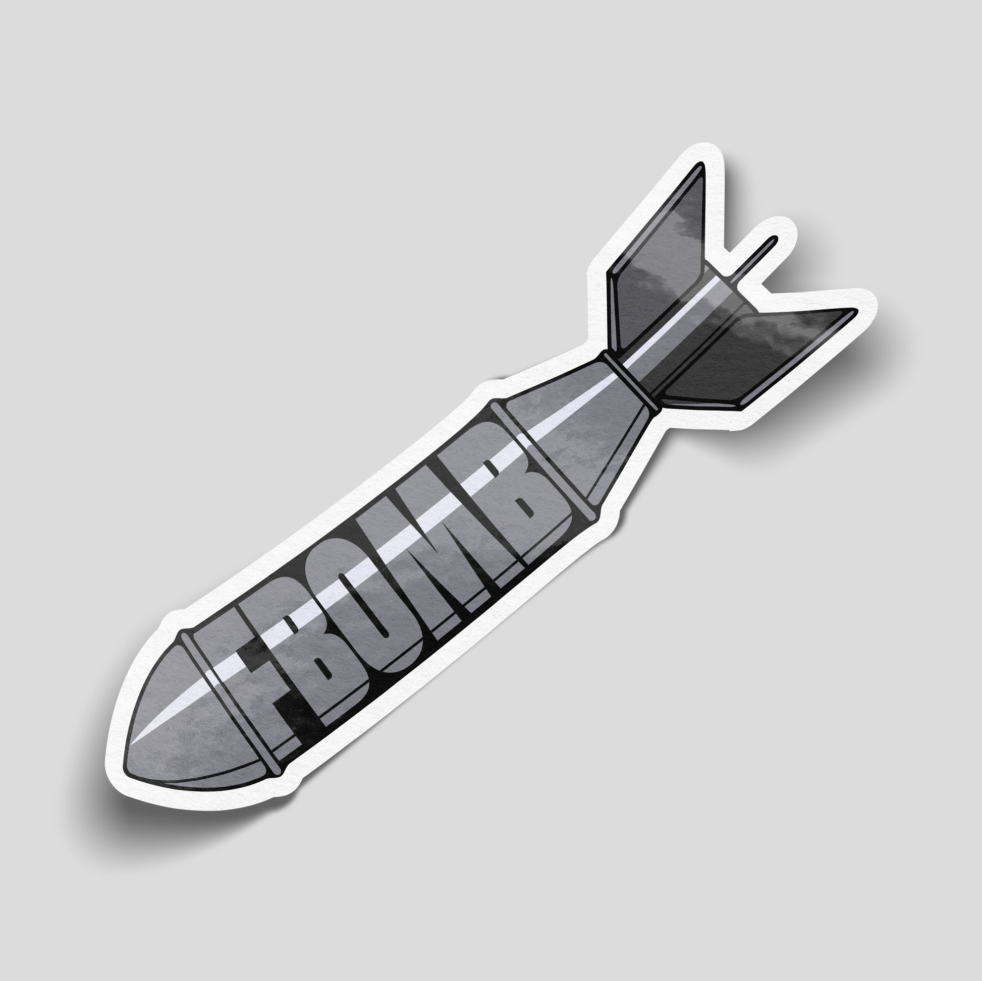 F Bomb funny vinyl car sticker designed as a cartoon missile graphic with bold lettering. Waterproof gloss laminated UK made novelty decal, perfect for modified cars, vans, laptops and offensive humour lovers.