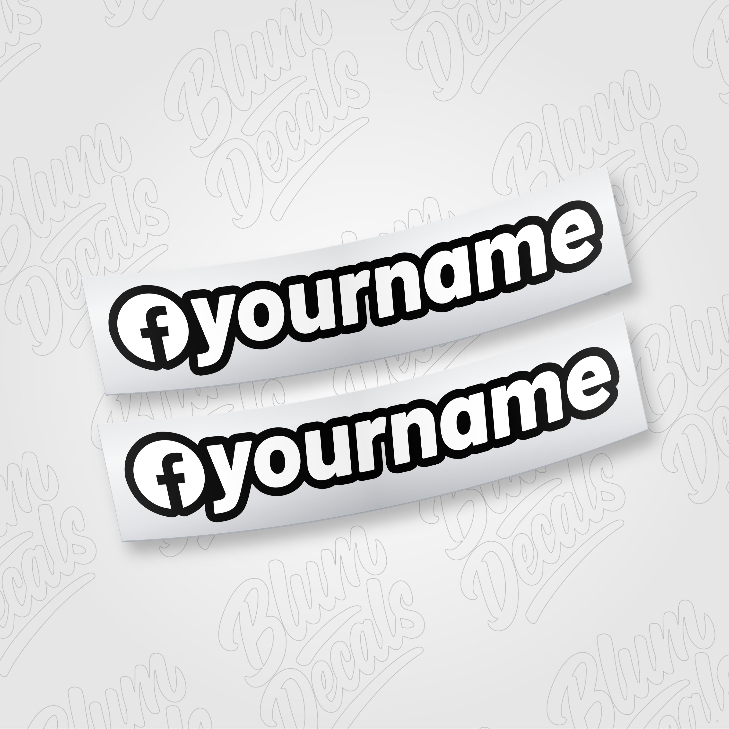 Custom Facebook name vinyl decal in gloss white with a black outline and Facebook icon, shown in font 19