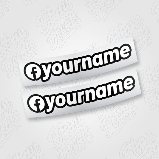 Custom Facebook name vinyl decal in gloss white with a black outline and Facebook icon, shown in font 19